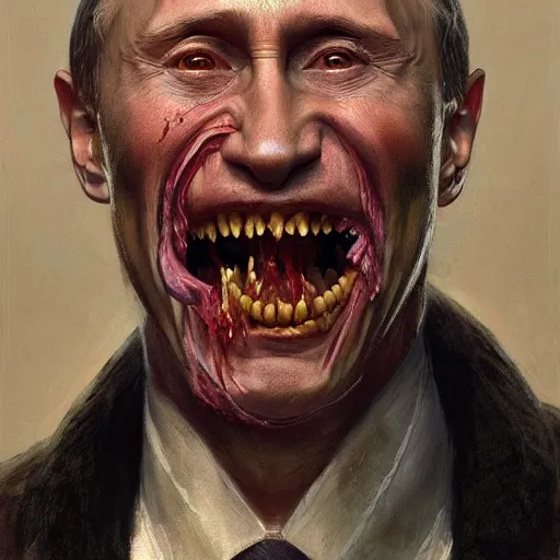 Prompt: a portrait of vladimir putin, flesh eating worms, macabre, horror rotten teeth, by donato giancola and greg rutkowski, wayne barlow, realistic face, visible face, digital art, artstation, symmetry