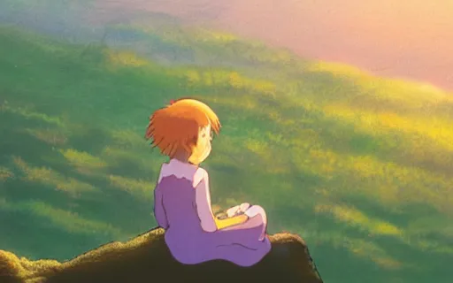 Image similar to a young girl sitting in a fild on a cliff watching a purple sunset, wide shot, art by hayao miyazaki, studio ghibli film, hi res, 4k