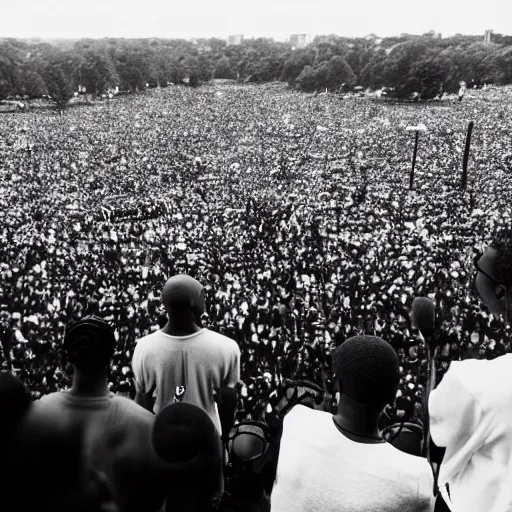 Image similar to vintage photograph of Kanye West speaking at the Million Man March, Sigma 40mm, portrait, black and white