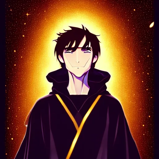 Image similar to a man with with brown hair, eyes with stars and galaxies in his eyes, wearing a black robe with the tips made of gold, anime, trending on artstation, high quality