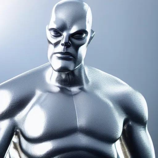 Image similar to still photo of silver surfer on his board, highly detailed, photorealistic portrait, bright studio setting, studio lighting, crisp quality and light reflections, unreal engine 5 quality render