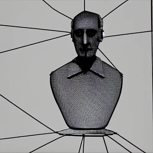 Prompt: Marcel Duchamp holding a low poly wireframe mesh model of a chess piece, blender, 35mm film