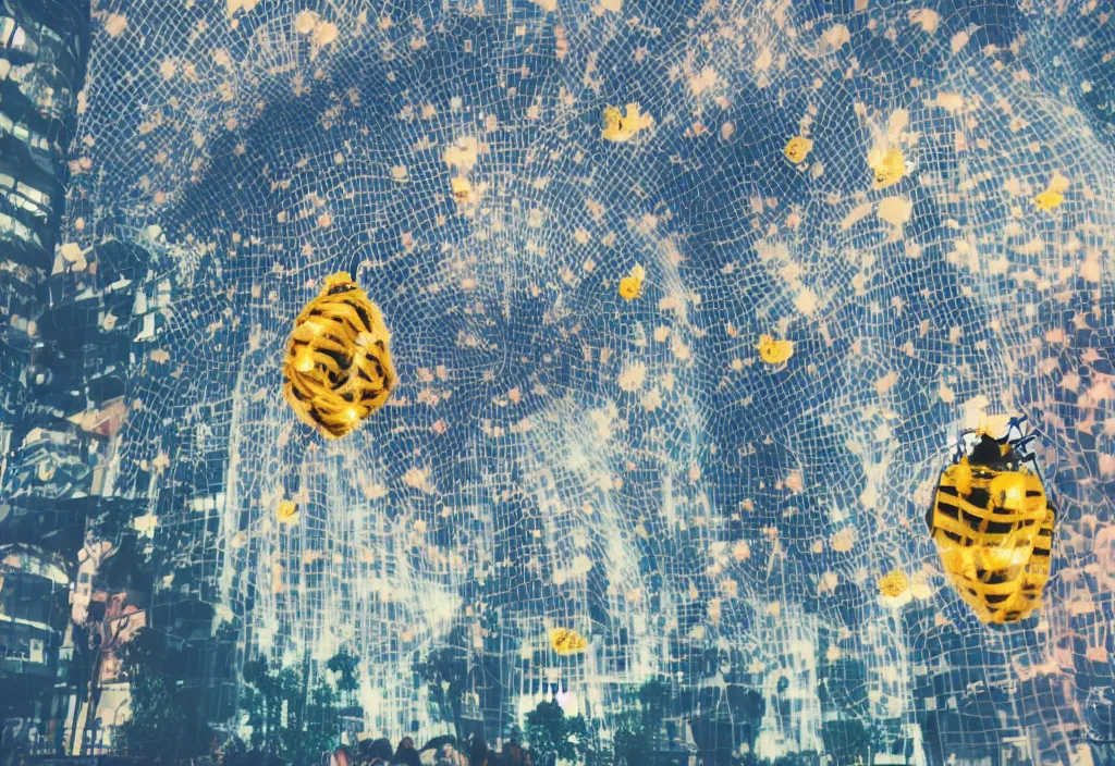 Image similar to 3 d 🐝 popping out of curved screen, town square, volumetric lighting, bokeh, creterion collection, shot on 7 0 mm, instax