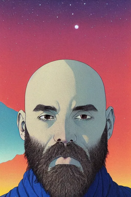 Image similar to a colorful closeup portrait of a young bald man with a very long wild beard dreaming psychedelic hallucinations in the vast icy landscape of antarctica, by kawase hasui, moebius and edward hopper, colorful flat surreal design, hd, 8 k, artstation