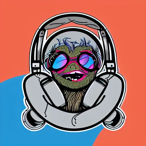 Image similar to svg sticker of a Pop-Wonder Alien-Bog-Monster-Swamp-Rat-Thunder-Coot-Racing-Fan at a rave, spinning records, giant headphones rocking out, wearing headphones, huge speakers, dancing, rave, DJ, spinning records, digital art, amazing composition, rule-of-thirds, award-winning, trending on artstation, featured on deviantart