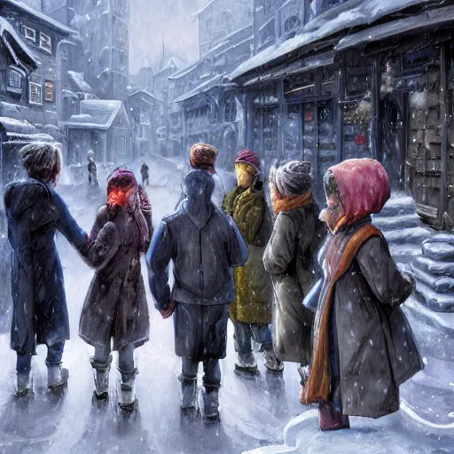 Image similar to a group of friends in a snowy village, dynamic composition, motion, ultra-detailed, incredibly detailed, a lot of details, amazing fine details and brush strokes, colorful and grayish palette, smooth, HD semirealistic anime CG concept art digital painting, watercolor oil painting of Clean and detailed post-cyberpunk sci-fi, relaxing, calm and mysterious vibes,, by a Chinese artist at ArtStation, by Huang Guangjian, Fenghua Zhong, Ruan Jia, Xin Jin and Wei Chang. Realistic artwork of a Chinese videogame, gradients.,set in half-life 2, dynamic composition, beautiful with eerie vibes, very inspirational, very stylish, with gradients, surrealistic, dystopia, postapocalyptic vibes, depth of field, mist, rich cinematic atmosphere, perfect digital art, mystical journey in strange world