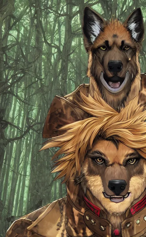 Image similar to close up character portrait icon of the german shepard beast - man military uniform head animal person wearing clothes standing in the bright forest, hidari, color page, tankoban, 4 k, tone mapping, akihiko yoshida