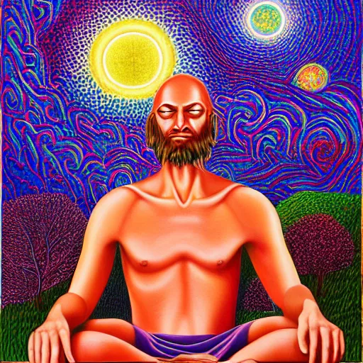 Image similar to painting of a peaceful man relaxing under a tree by alex grey, acrylic art, calm, soothing, cosy, elegant, soft light, psychedelic