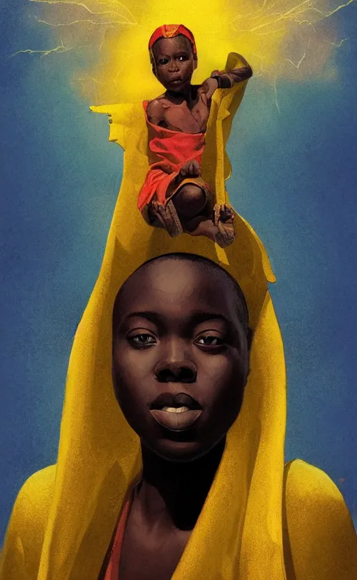 Prompt: upper half portrait of an african in yellow cape - inside a group of clouds - surrounded by bolts of lightning with rays of light emanating from clouds - in drew struzan movie poster style, art by drew struzan & hsiao - ron cheng, highly detailed, digital painting, ray tracing, illustration, smooth, sharp focus, intricate, symmetry, artstation,