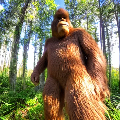 Prompt: bigfoot taking a selfie at the swamp