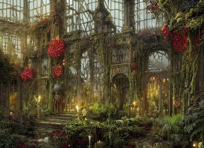 Image similar to an elaborate gothic lovecraftian garden with exotic flowers, shrubberies and a beautiful greenhouse intricate, elegant, highly detailed, matte, sharp focus, illustration, art by ferdinand knab, greg rutkowski and h. p. lovecraft