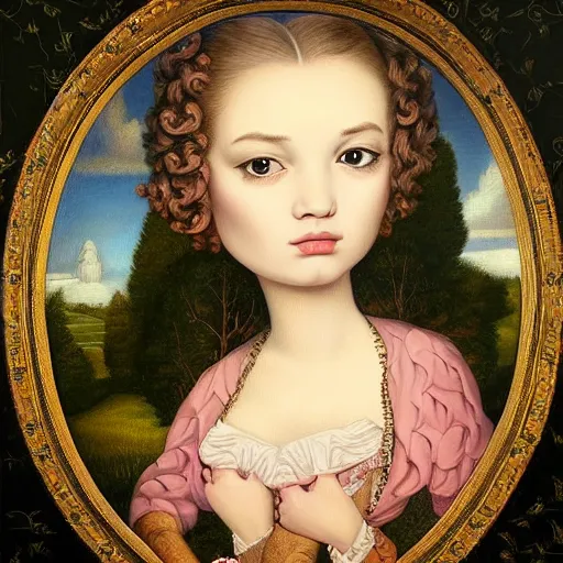 Prompt: a beautiful detailed portrait painting by Mark Ryden of the crazy noble in a serene landscape, rococo
