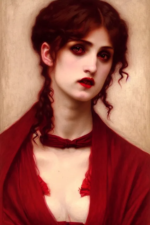 Prompt: victorian vampire in red velvet, painting by rossetti bouguereau, detailed art, artstation