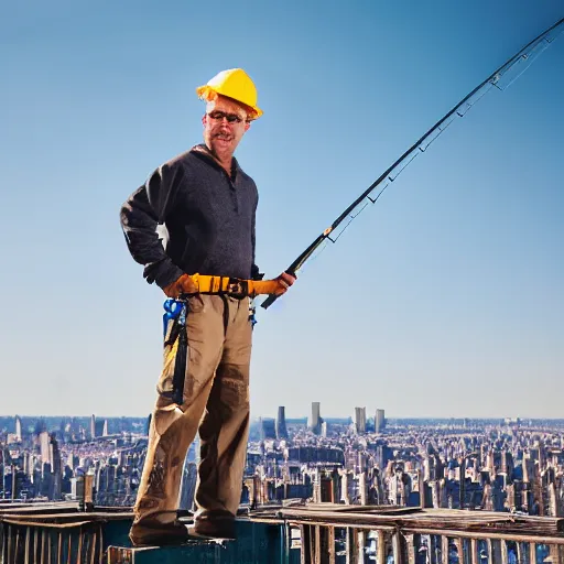 Prompt: closeup portrait of a construction worker with a fishing rod sitting on a metal beam high over new york city, photography, natural light