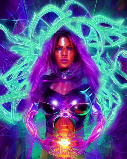 Image similar to a powerful energy psychedelic matrix woman, by alexander fedosav, hyper detailed digital matte painting, concept art, hyperrealism, 1 6 k resolution, cinema 4 d, 8 k resolution, trending on artstation, behance hd, a masterpiece, by stephan martiniere, particles, cel - shaded, power bright neon energy, by david a. hardy,