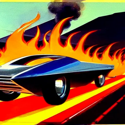 Image similar to concept art for a car with flame throwers, painted by syd mead, high quality