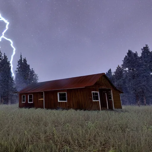 Prompt: a ultra realistic blue lightning arc over a cabin in the wood, by night. horror movie scene, stars in the sky. cow fences. complex, highly detailed, unreal engine 5, 8 k render