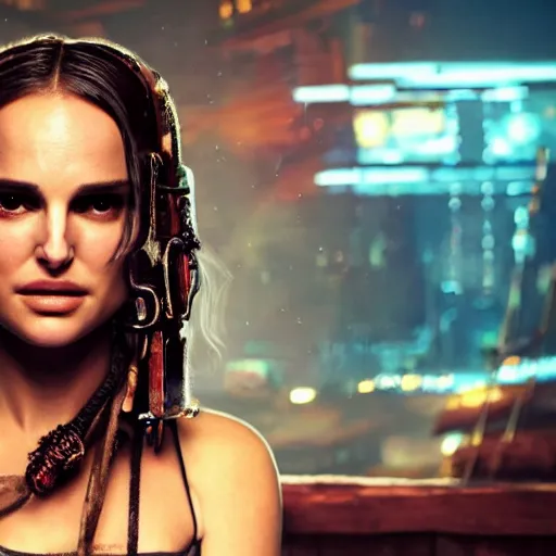 Image similar to a high quality portrait of natalie portman as a pirate in a cyberpunk cyberpunk cyberpunk cafe, realism, 8k, award winning photo