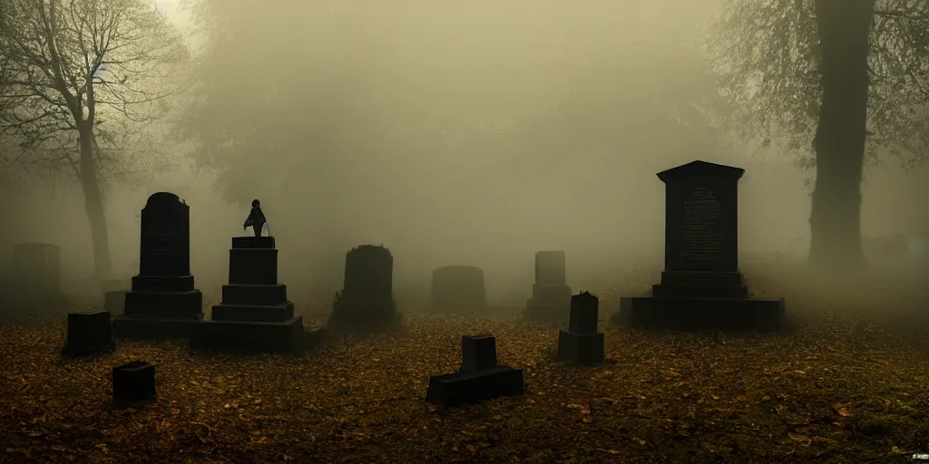 Prompt: creepy horror, Highgate cemetery, angel statuettes, tombs, blanket of fog, rain, volumetric lighting, beautiful, golden hour, sharp focus, ultra detailed, cgsociety