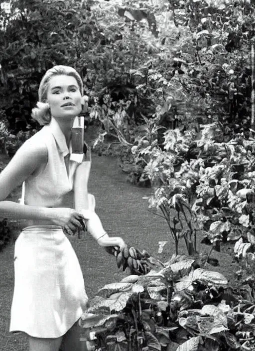 Prompt: a grainy film photo of Grace Kelly gardening, take with a Kodak Brownie Camera