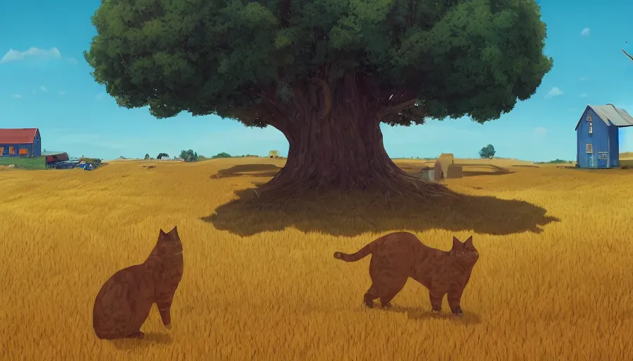 Prompt: gigantic cat next to the small house, wheat field harvesting, big tree, person, matte painting, art station, blue sky, simon stalenhag