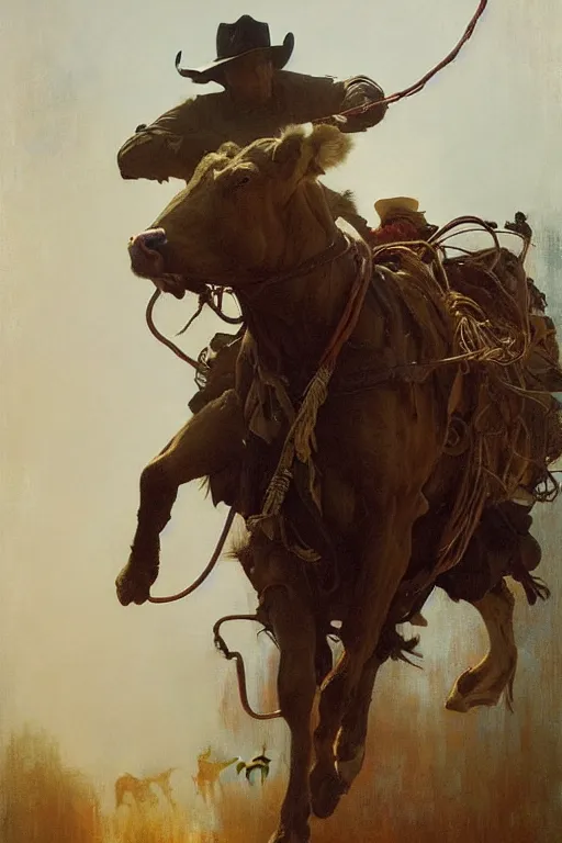 Image similar to hyperrealist portrait of a cowboy roping a steer coach by jeremy mann and alphonse mucha, fantasy art, photo realistic, dynamic lighting, artstation, poster, volumetric lighting, very detailed faces, 4 k, award winning