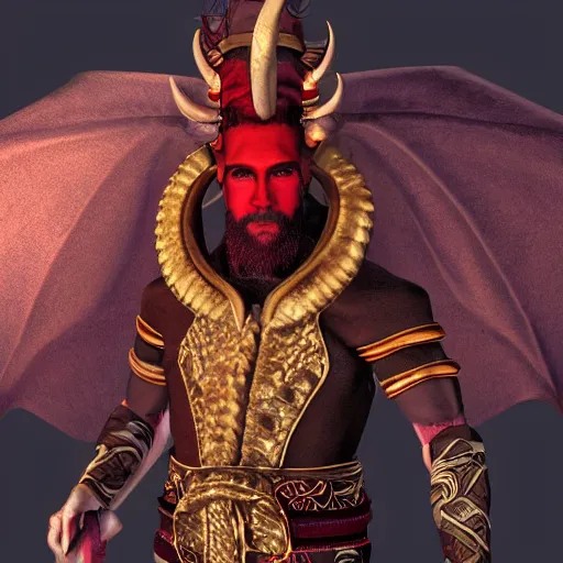 Image similar to dnd render of a male tiefling, red scales, a big black beard, completely golden eyes, 1 curved horn growing out of his forehead, one broken horn growing out of his forehead,