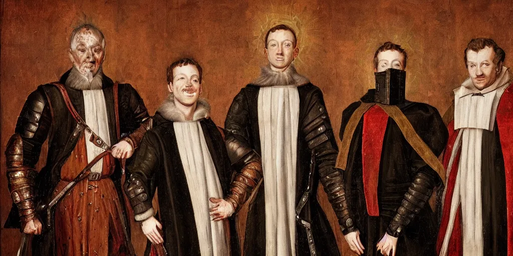 Prompt: 1 6 th century portrait of elon musk, mark zuckerberg and jeff bezos standing side - by - side as members of the spanish inquisition, artstation