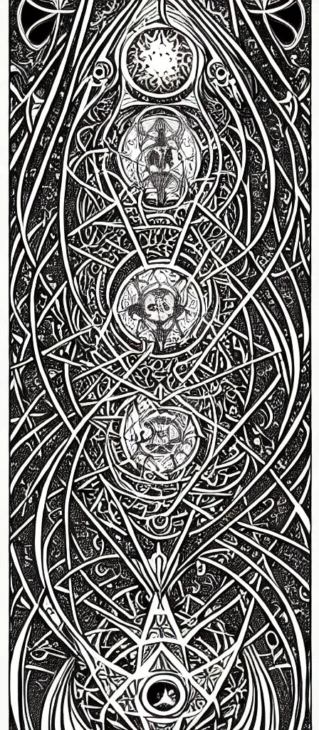 Image similar to a beautiful fractal tarot card featuring bold occult imagery with clean lines. skullpunk demon. dimension. haeckel. detailed adult coloring book