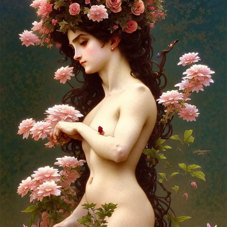 Image similar to a wonderful goddess with a body of beautiful flowers, intricate, elegant, highly detailed, wonderful eyes, cute, digital painting, artstation, concept art, smooth, clear focus, illustration, art by artgerm and greg rutkowski, alphonse mucha and william - adolphe bouguereau