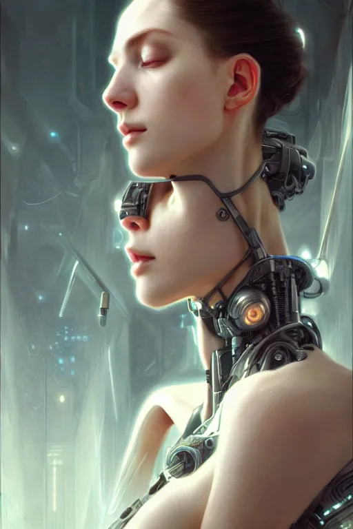 Prompt: an ultra realistic beautiful cyborg woman with eyes-closed, sci-fi, cyberpunk, intricate details, elegant, highly detailed, photorealistic, digital painting, octane render, concept art, eerie, 8k, art by artgerm and craig mullin and alphonse mucha and moebius and paolo roversi and greg rutkowski