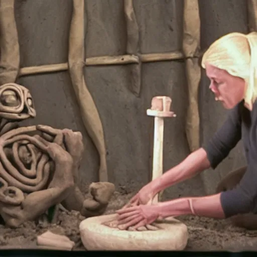 film still of a woman sculpting clay on a wheel with, Stable Diffusion