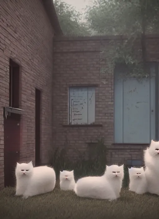 Image similar to schoolgirls selling fluffy cats on their backyard, photorealistic, canon r 3, symmetry, octane render, unreal engine, dramatic lights