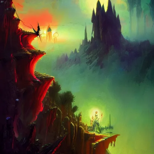 Image similar to Dracula traveling through a beautiful psychedelic world, illustrated by Greg Rutkowski and dr seuss, masterpiece, vivid colors, trending on artstation