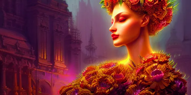 Image similar to Beautiful 3d render of the flower queen goddess in a sensual pose, atmospheric lighting, painted, intricate, volumetric lighting, beautiful, rich deep colours masterpiece, golden hour, sharp focus, ultra detailed, in the style of Dan Mumford and marc simonetti, with a crowded futuristic cyberpunk city in the background, astrophotgraphy