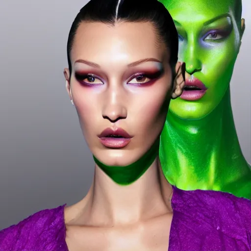 Image similar to bella hadid as a green alien, hyperrealistic, 4k, makeup, symmetrical face