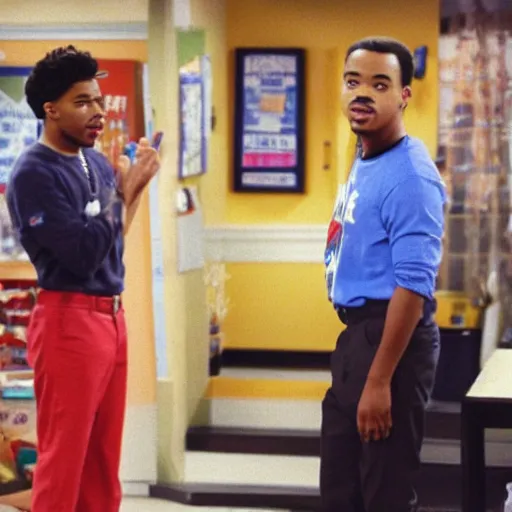 Image similar to a tv still of Chance The Rapper starring as a black college student at Jones College Prep in a 1993 sitcom