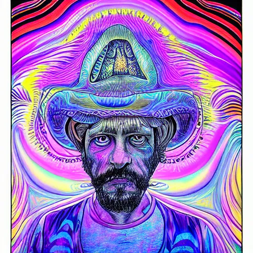 Image similar to Terence McKenna reincarnated as a magic mushroom. in style of Alex Grey, detailed, blacklight poster