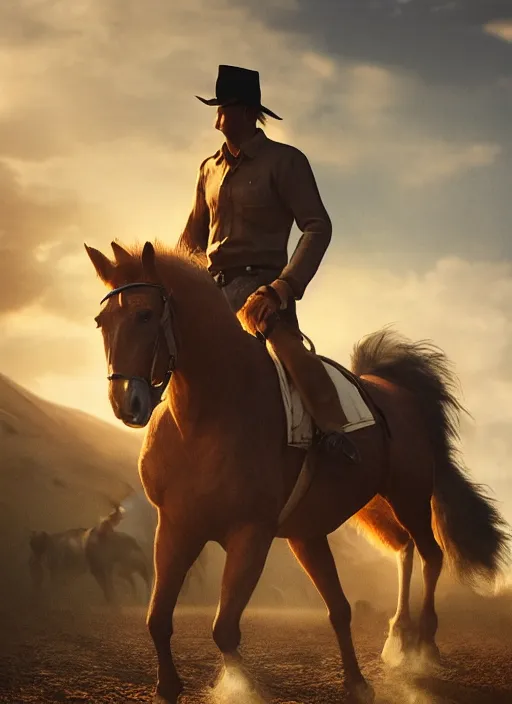 Prompt: horse subdues on man shoulders, volumetric lighting, beautiful, golden hour, sharp focus, ultra detailed, cgsociety by dali, noir photorealism, film