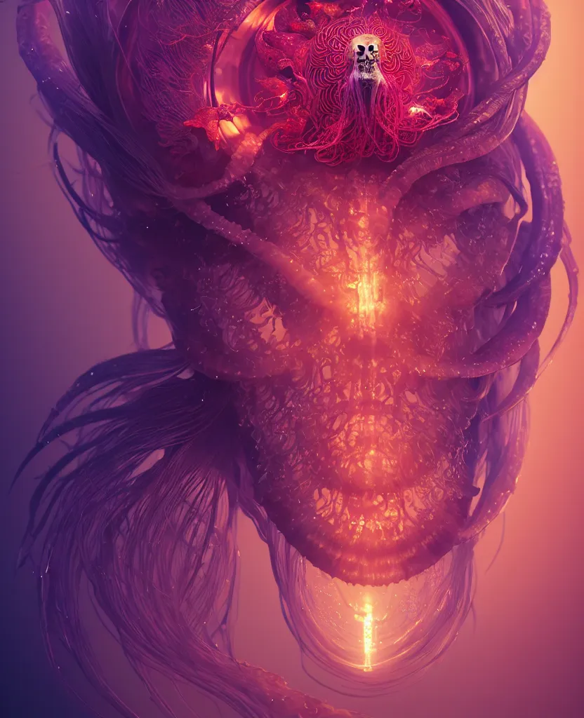 Image similar to goddess close-up portrait. orchid jellyfish phoenix head, nautilus, skull, betta fish, bioluminiscent creatures, intricate artwork by Tooth Wu and wlop and beeple. octane render, trending on artstation, greg rutkowski very coherent symmetrical artwork. cinematic, hyper realism, high detail, octane render, 8k