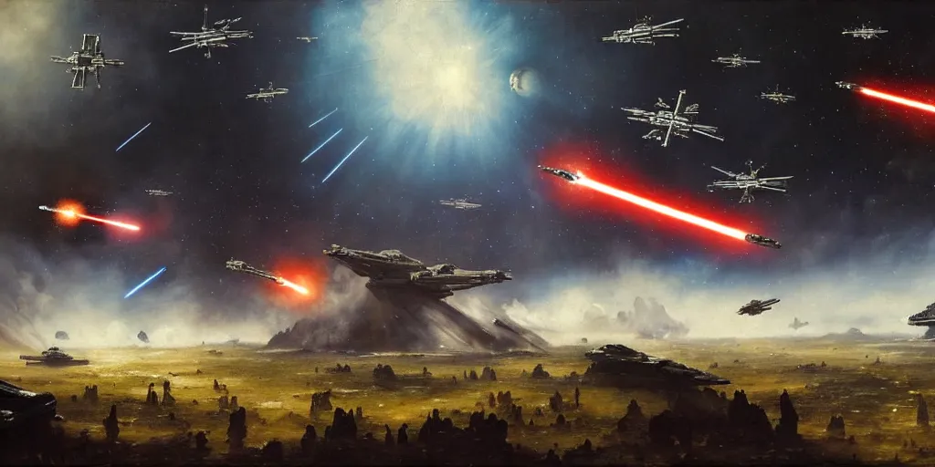 Prompt: star wars space battle in outer space above the forest moon on endor : small tie fighters overwhelm and fire green lasers at rebel capital ship. painted by jan matejko, greg rutkowski and gustave courbet. oil on canvas, sharp focus, cinematic atmosphere, explosions, detailed and intricate environment