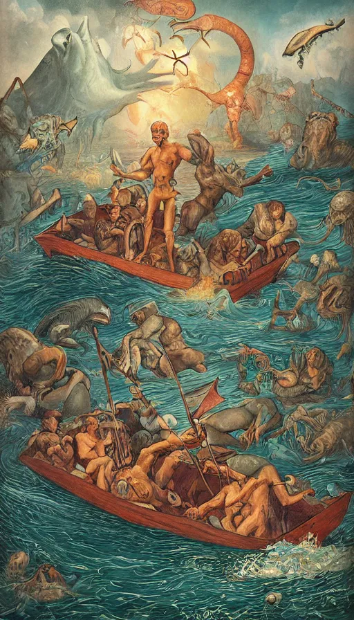 Image similar to man on boat crossing a body of water in hell with creatures in the water, sea of souls, by studio 4 c