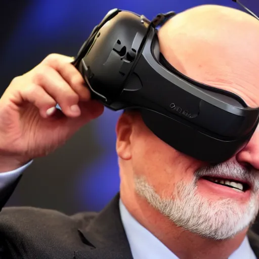 Image similar to jim cramer wearing a VR headset, high detail, photorealistic