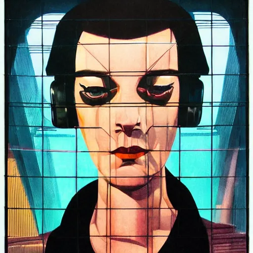 Prompt: detailed face of a woman, clockwork, moment, tectonic sky, skydome, bullet train, turbines, utopian, tech noir, wet reflections, prism, atmospheric, ambient, pj crook, syd mead, fritz lang, emma uber, edward hopper