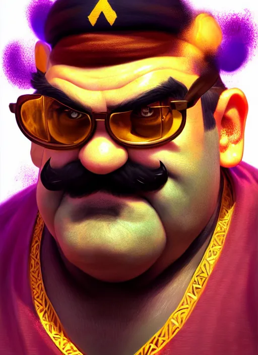 Prompt: realistic portrait of wario from warioware, intricate, elegant, glowing lights, highly detailed, digital painting, artstation, concept art, smooth, sharp focus, illustration, art by wlop, mars ravelo and greg rutkowski