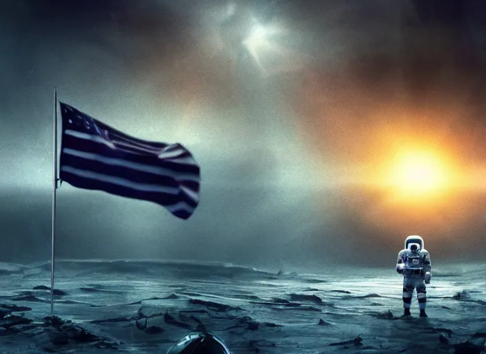 Image similar to astronaut holding a flag in an underwater desert. a submarine is visible in the distance. dark, concept art, cinematic, dramatic, atmospheric, 8 k, trending on artstation, blue, fish, low visibility, fog, ocean floor, christopher nolan, interstellar