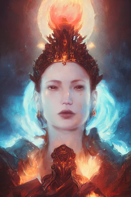 Image similar to a fancy portrait of a goddess women controling deep blue flames by Greg Rutkowski, Sung Choi, Mitchell Mohrhauser, Maciej Kuciara, Johnson Ting, Maxim Verehin, Peter Konig, Bloodborne , 8k photorealistic, cinematic lighting, HD, high details, atmospheric , trending on artstation