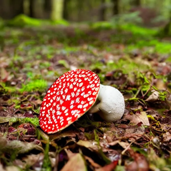 Prompt: amanita muscaria mushroom in a woodland, moss and leaves on the floor, depth of field, f / 2. 8