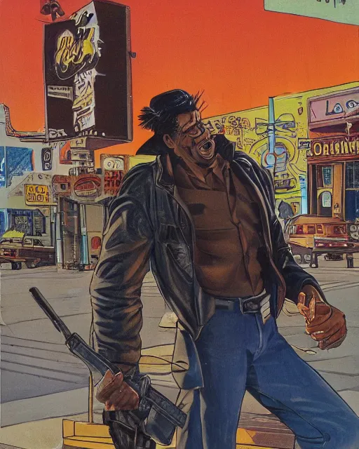 Image similar to detective with gun in leather jacket, los angeles city street, artwork by ralph bakshi