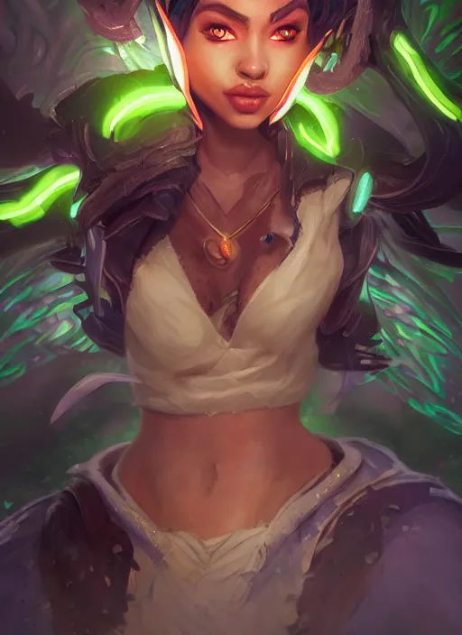 Image similar to senna from league of legends, au naturel, hyper detailed, brown skin, glowing green neon eyes, wearing white hood, digital art, trending in artstation, cinematic lighting, studio quality, smooth render, unreal engine 5 rendered, octane rendered, art style by klimt and nixeu and ian sprigger and wlop and krenz cushart